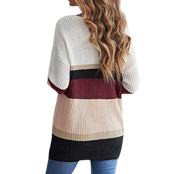 Alelly Color Block Wide Stripe Relaxed Fit V-Neck Ribbed Knit Sweater NWOT - Picture 2 of 13